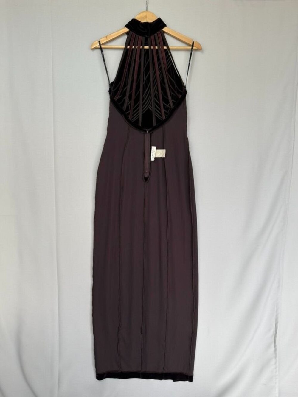 90s Vintage Tadashi Shoji CACHE Burgundy Stretch Velvet Halter Maxi Dress Large - Picture 11 of 13